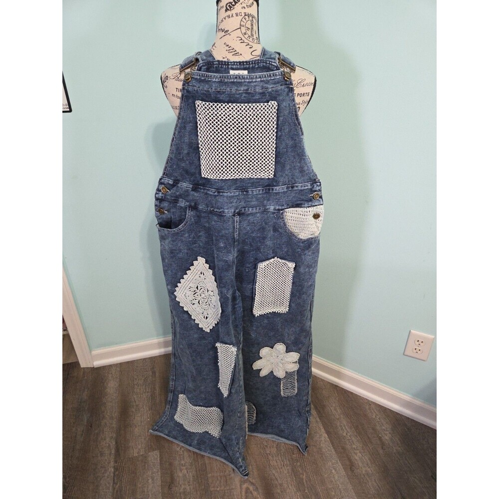 Embroidered Flower Patchwork Overalls POL large denim boho festival hippie